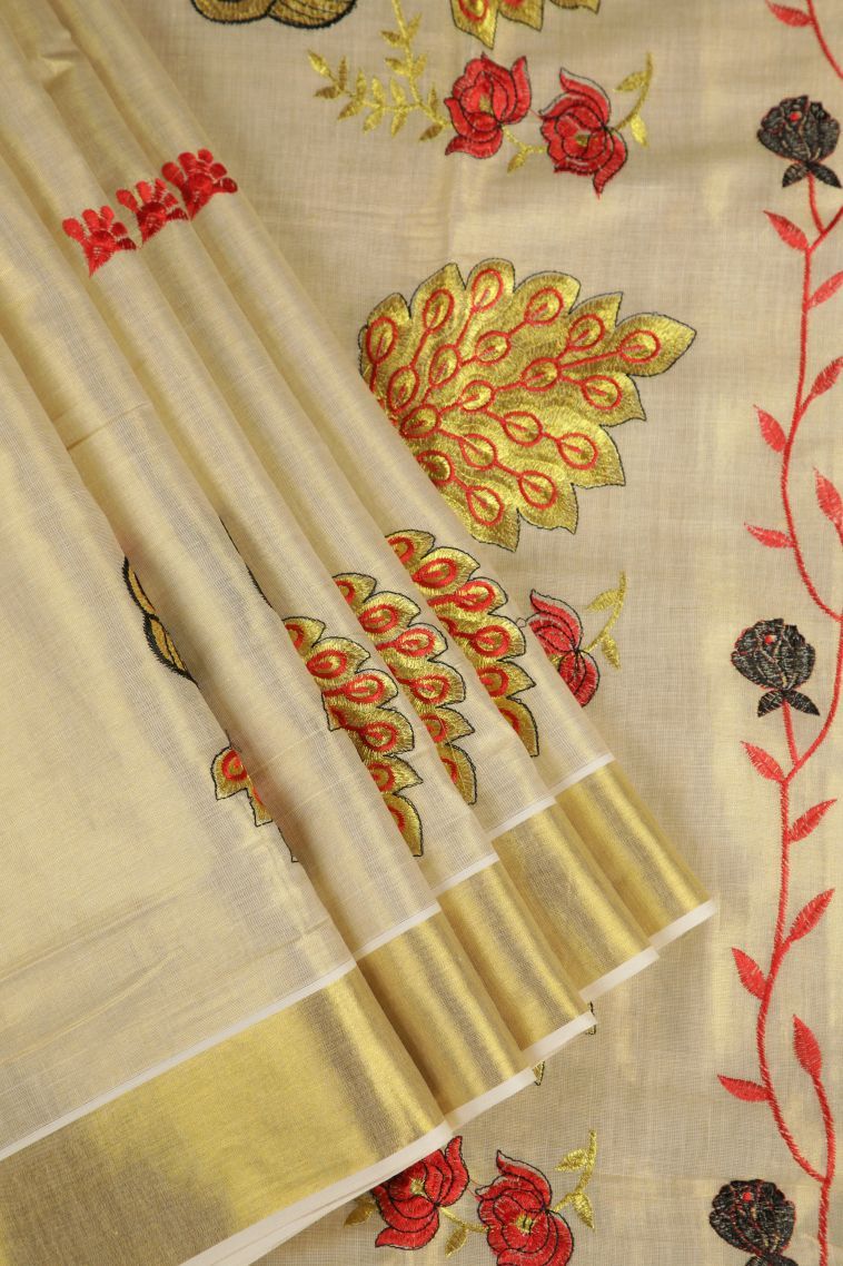 Cream White Silk Cotton with Gold Zari Buttis (small Dots Or Motifs) view 1