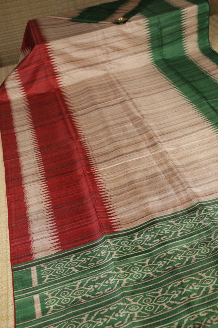 Cream White Jute Sarees with Without Zari Zari Temple Borders view 2