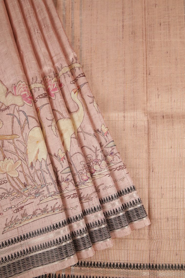 Salmon Pink Tussar Saree with Gold Zari Floral Patterns view 1