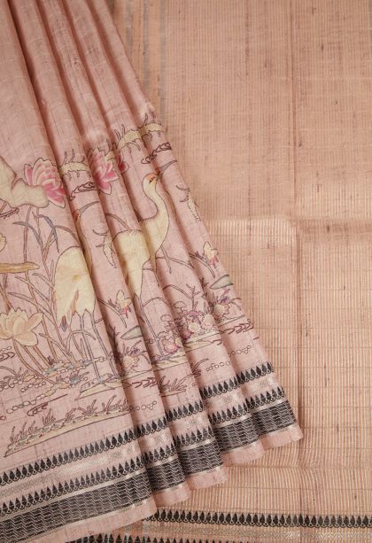 Salmon Pink Tussar Saree with Gold Zari Floral Patterns