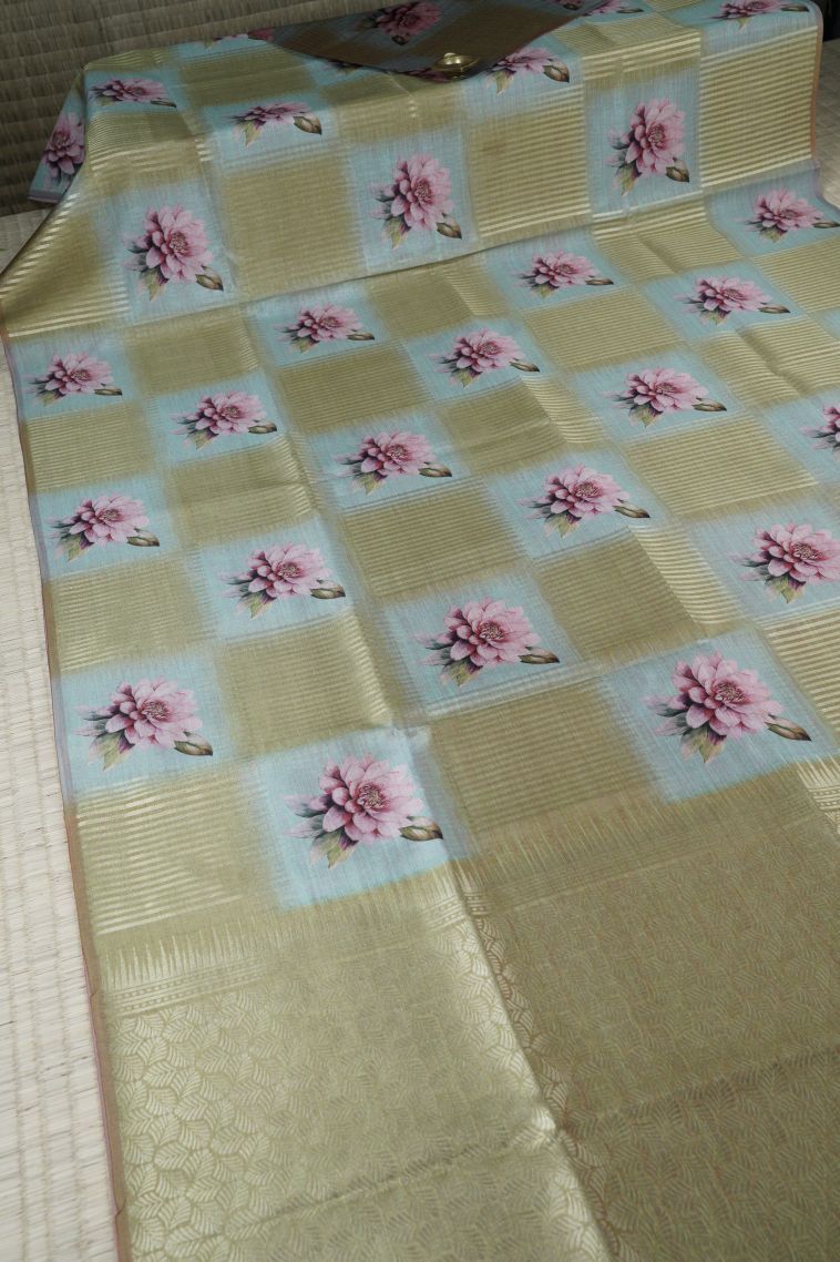 Sage Green Tussar Saree with Without Zari Zari Floral Patterns view 2