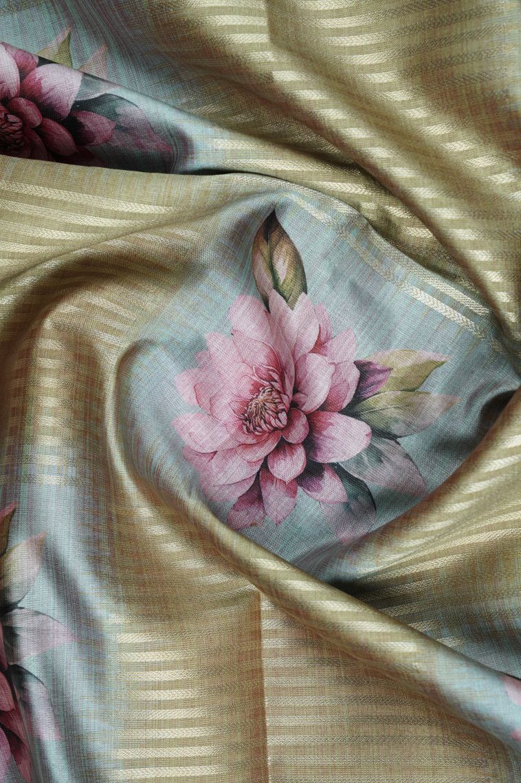 Sage Green Tussar Saree with Without Zari Zari Floral Patterns view 4