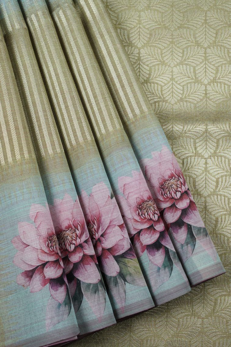 Sage Green Tussar Saree with Without Zari Zari Floral Patterns view 1