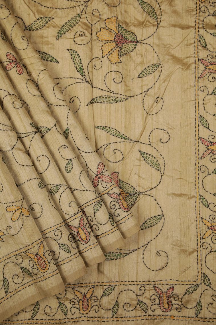 Cream White Tussar Silk Saree with Without Zari Zari Floral Patterns view 1