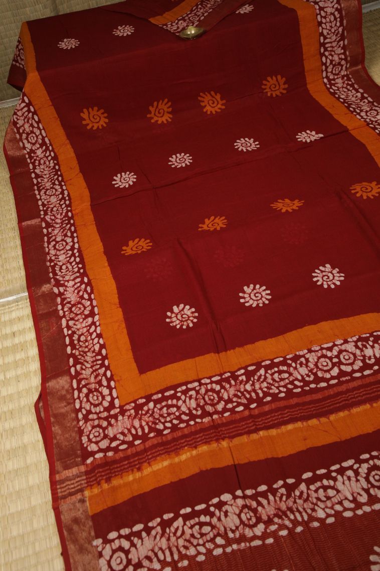 Cherry  Red Chanderi Cotton Sarees with Without Zari Zari Buttis (small Dots Or Motifs) view 2