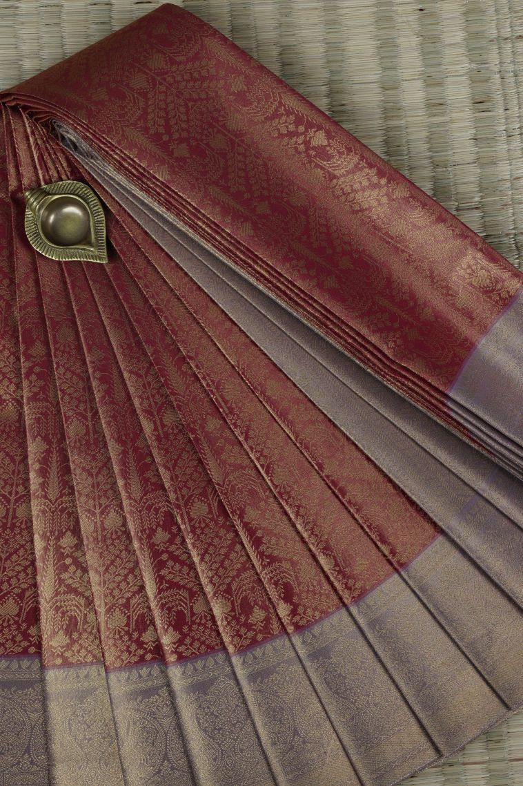 Red Visiri Madippu Silk Sarees with Gold Zari Floral Patterns view 1