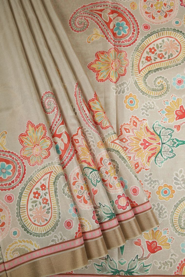 Linen White Tussar Saree with Without Zari Zari Plain view 1