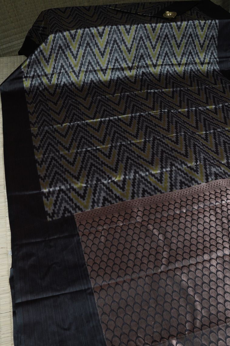 Charcoal Black Soft Silk Sarees with Without Zari Zari Geometric Shapes view 2