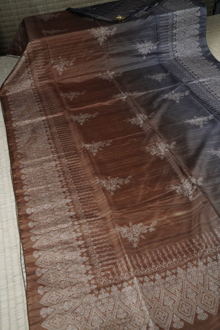Tawny Brown Tussar Saree with Without Zari Zari Floral Patterns view 2