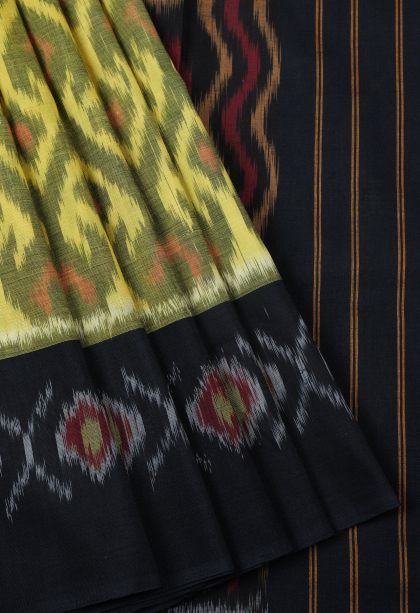 Lemon Yellow Ikkat Cotton Sarees with Without Zari Zari Geometric Shapes