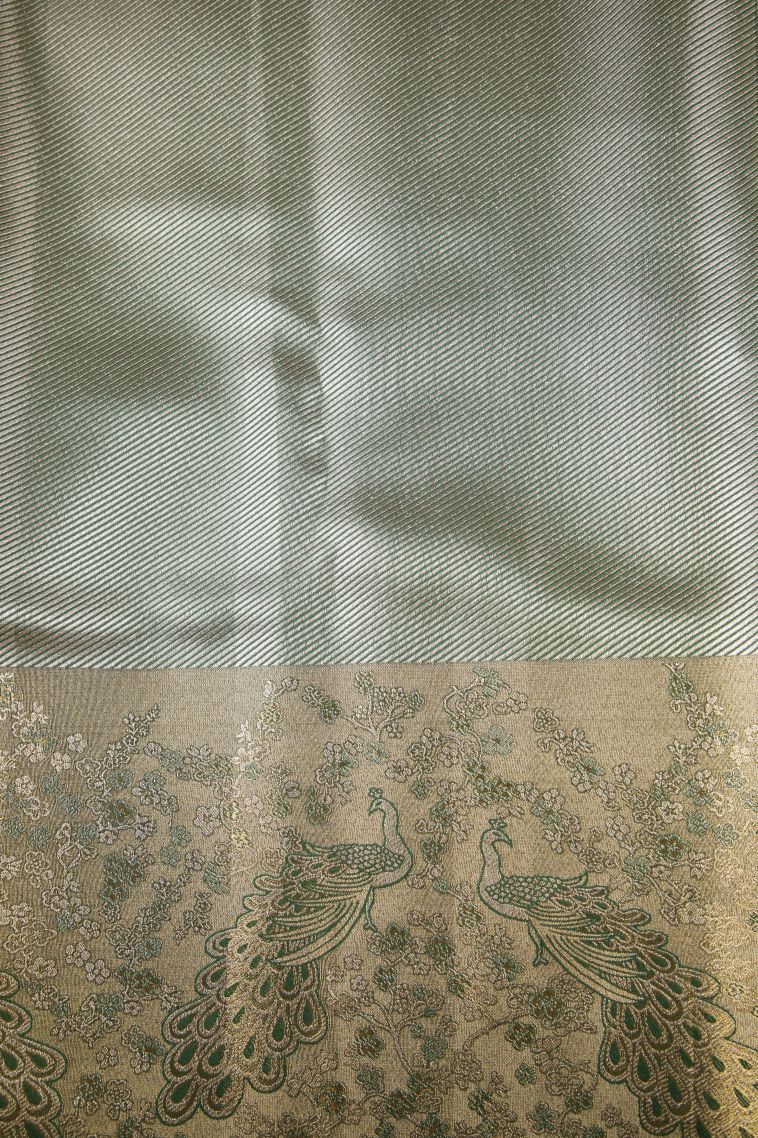 Blush Pink Tissue Silk Sarees with Silver Zari Peacock Motifs view 3