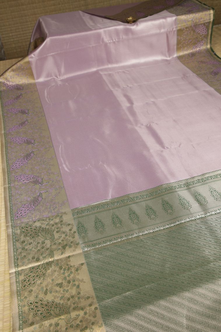 Blush Pink Tissue Silk Sarees with Silver Zari Peacock Motifs view 2