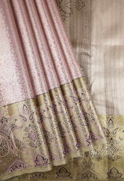 Crepe Pink Tissue Silk Sarees with Silver Zari Floral Patterns
