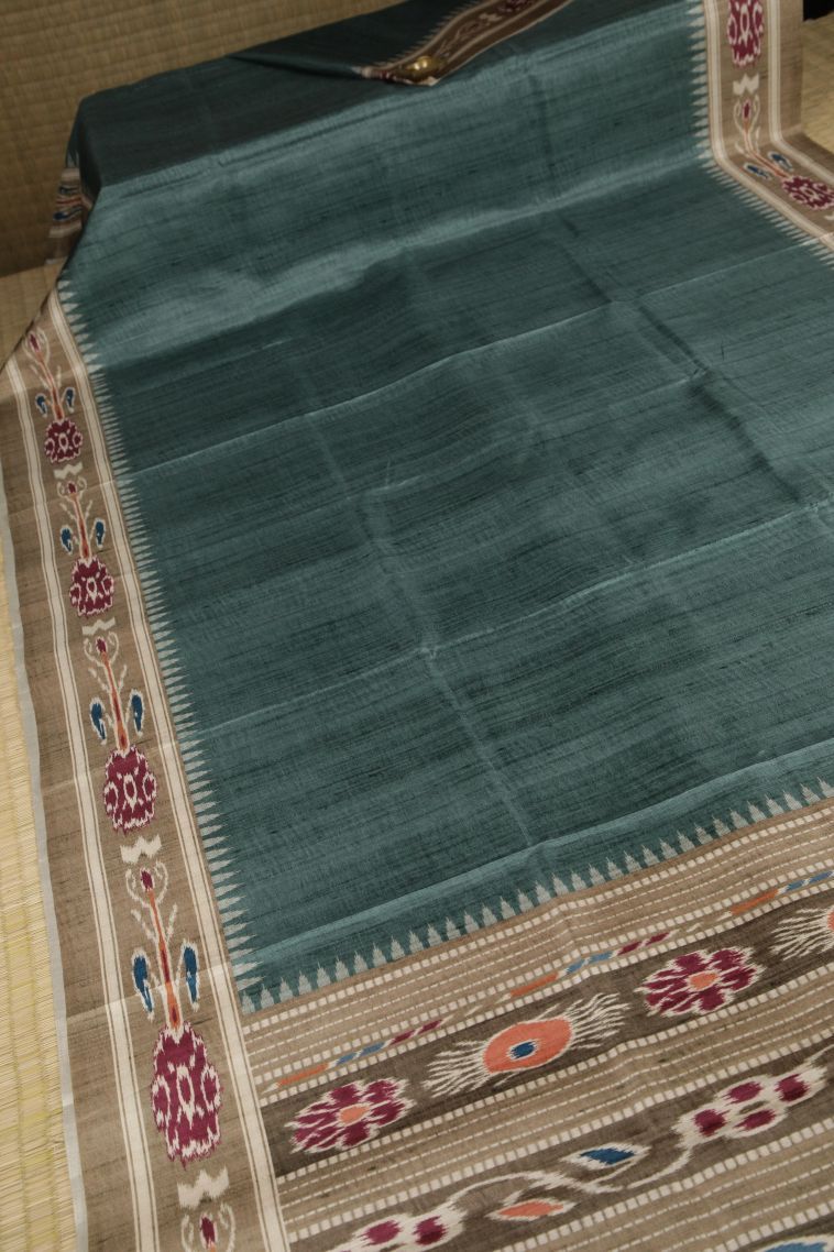 Ocean Blue Tussar Saree with Gold Zari Plain view 2