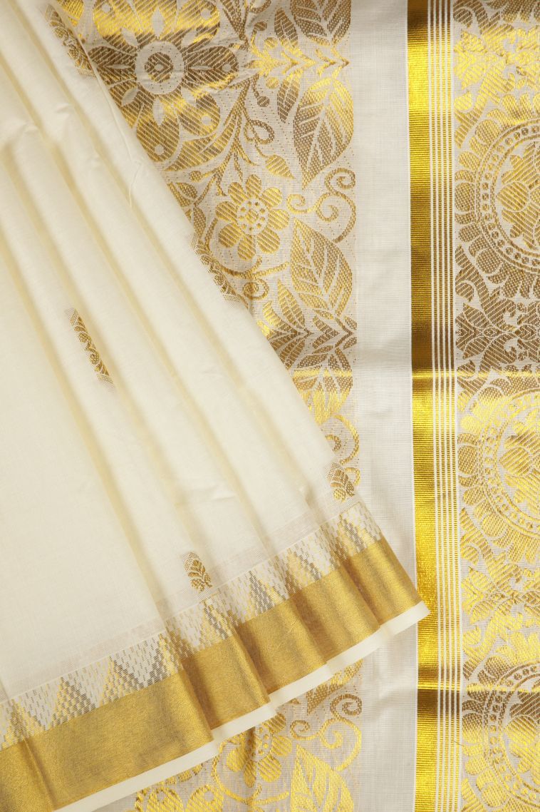 Cream White Silk Cotton with Gold Zari Buttis (small Dots Or Motifs) view 1