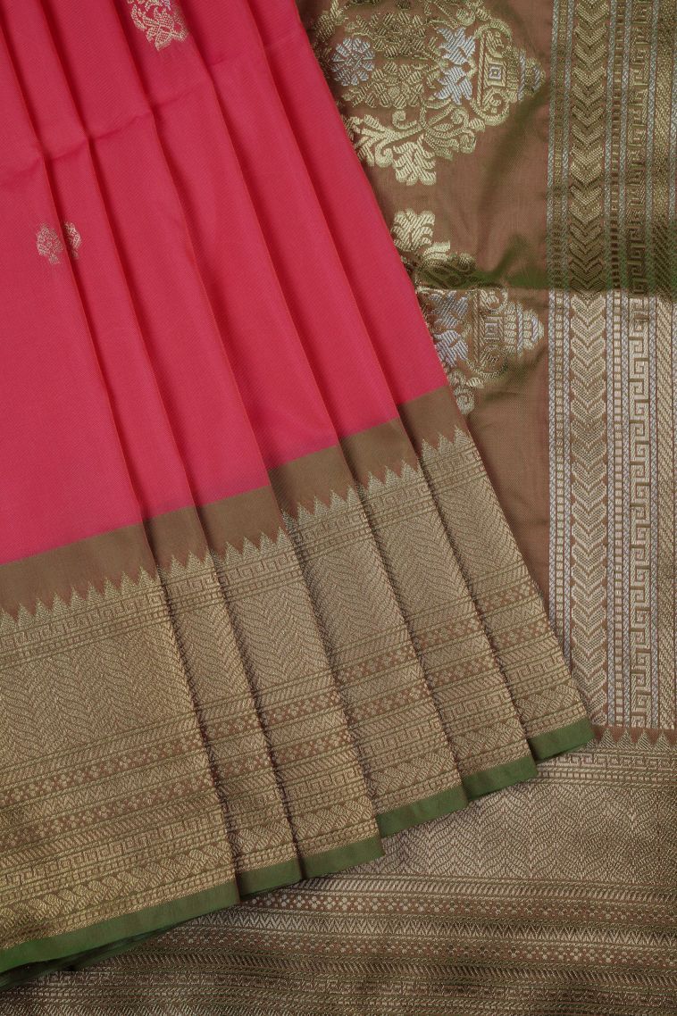 Strawberry Pink Soft Silk Saree with Gold Zari Buttis (small Dots Or Motifs) view 1