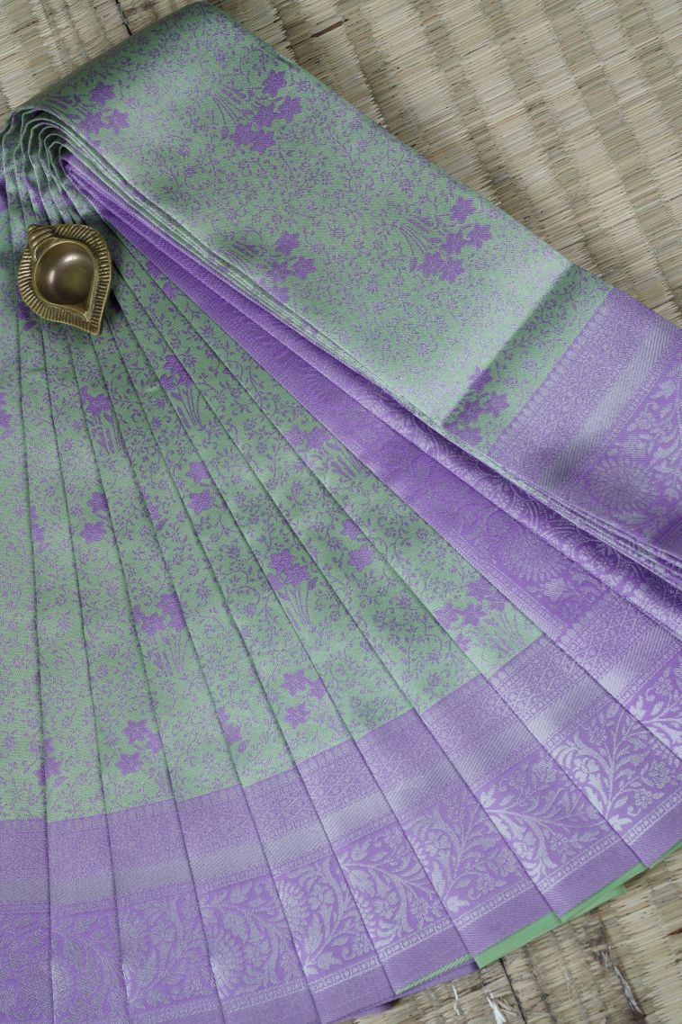 Pistachio Green Visiri Madippu Silk Sarees with Silver Zari Buttis (small Dots Or Motifs) view 1