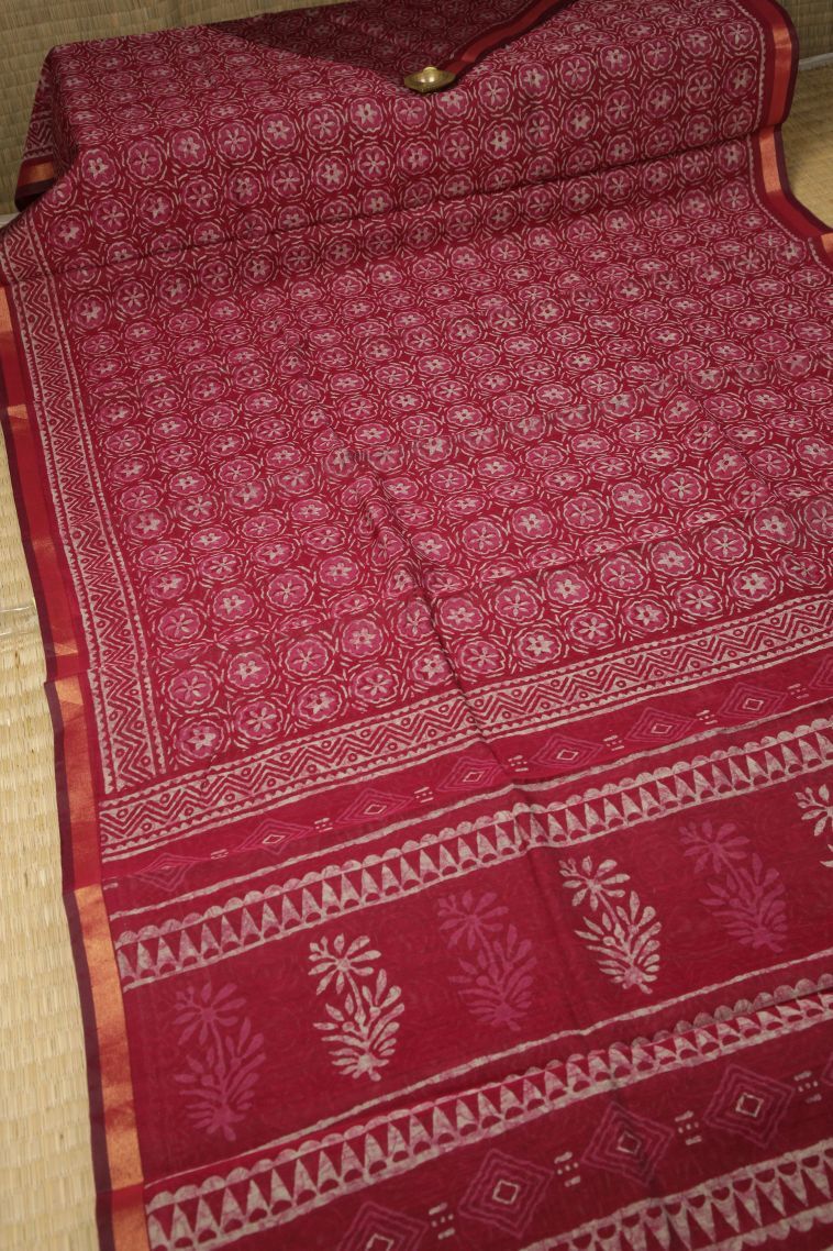 Punch Pink Chanderi Cotton Sarees with Without Zari Zari Floral Patterns view 2
