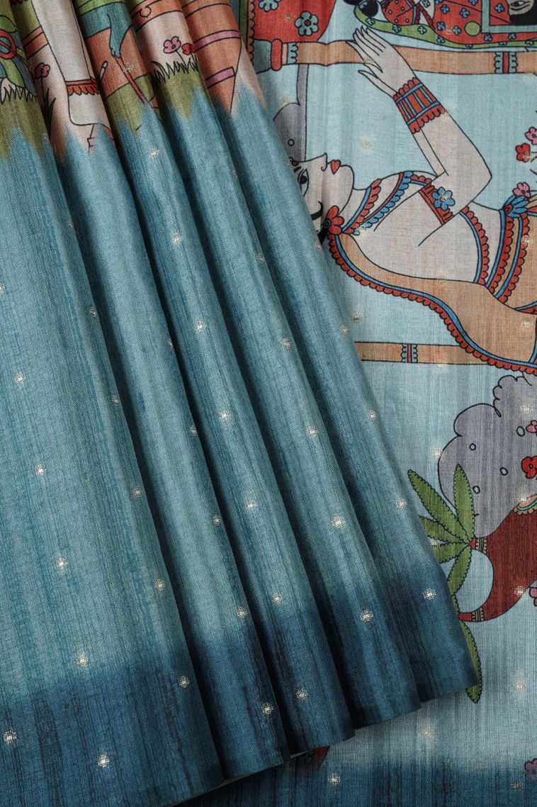 Ocean Blue Tussar Saree with Without Zari Zari Floral Patterns view 1