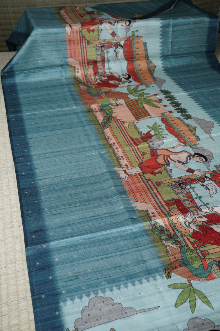 Ocean Blue Tussar Saree with Without Zari Zari Floral Patterns view 2