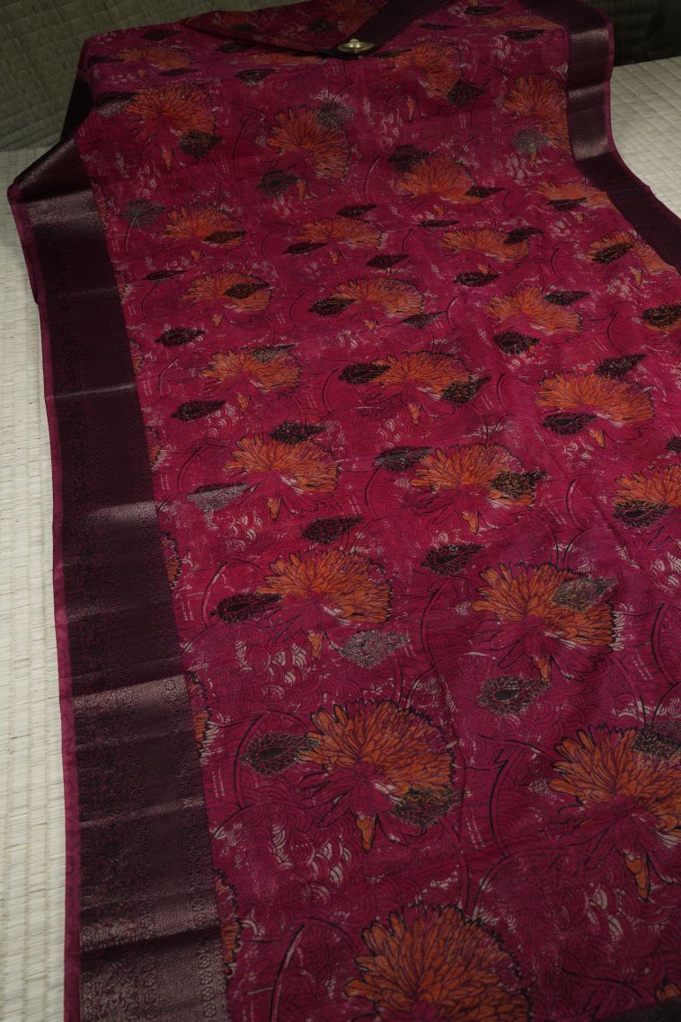 Magenta  Pink Art Silk with Bronze Zari Floral Patterns view 2