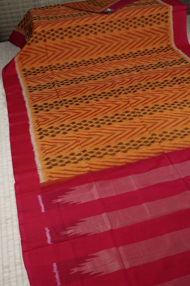 Honey Orange Ikkat Cotton Sarees with Without Zari Zari Geometric Shapes view 2