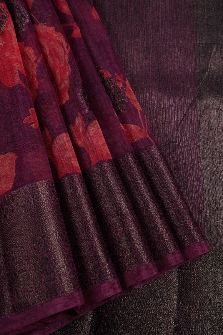 Magenta Purple Art Silk with Bronze Zari Floral Patterns view 1