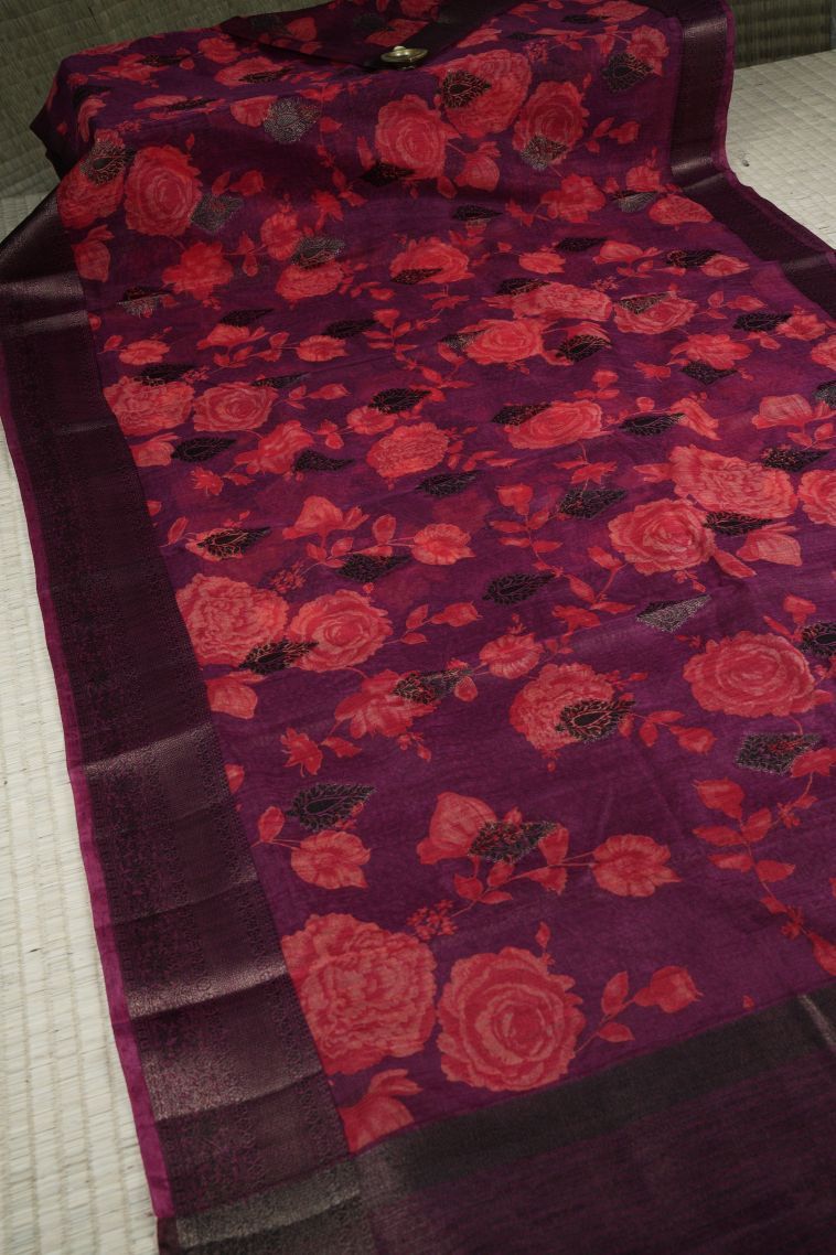 Magenta Purple Art Silk with Bronze Zari Floral Patterns view 2
