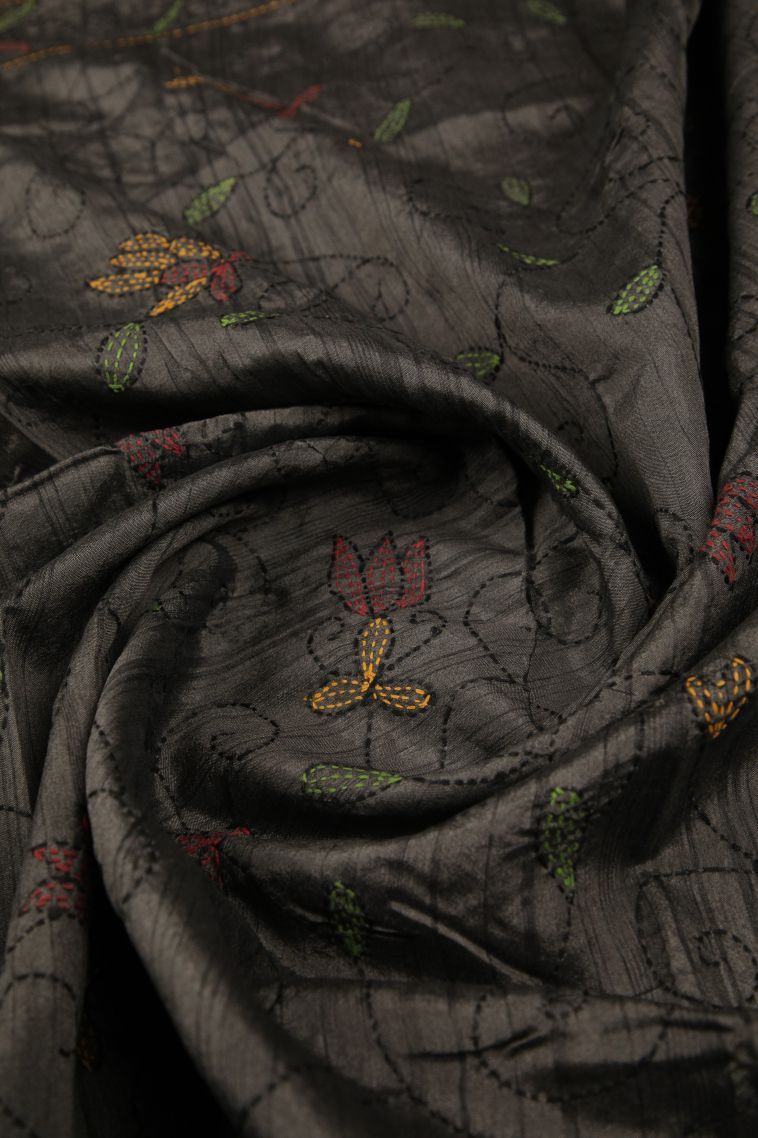 Damp Black Tussar Silk Saree with Without Zari Zari Floral Patterns view 4