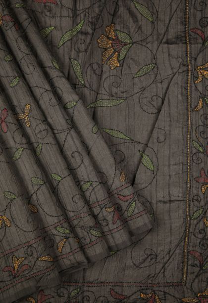 Damp Black Tussar Silk Saree with Without Zari Zari Floral Patterns