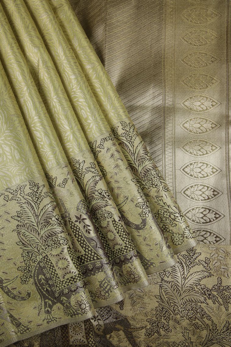 Olive Green Tissue Silk Sarees with Silver Zari Floral Patterns view 1
