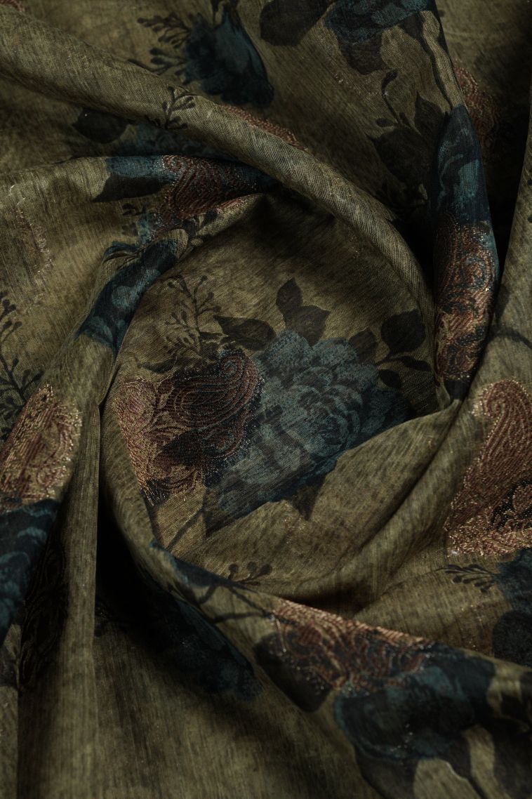 Sage Green Art Silk with Bronze Zari Floral Patterns view 4