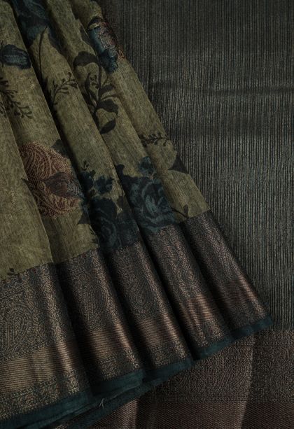 Sage Green Art Silk with Bronze Zari Floral Patterns