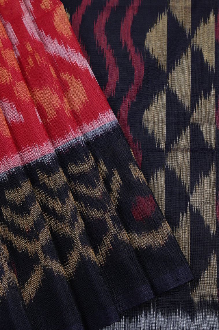 Rose  Red Ikkat Cotton Sarees with Without Zari Zari Geometric Shapes view 1