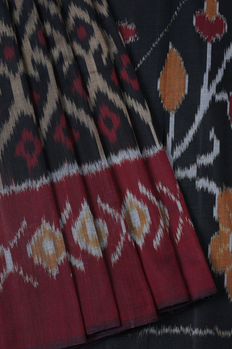 Asphalt Black Ikkat Cotton Sarees with Without Zari Zari Geometric Shapes view 1