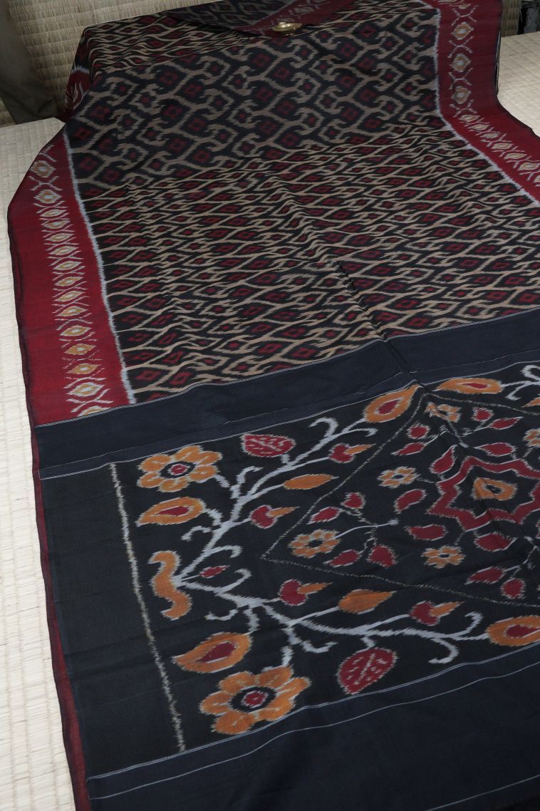 Asphalt Black Ikkat Cotton Sarees with Without Zari Zari Geometric Shapes view 2