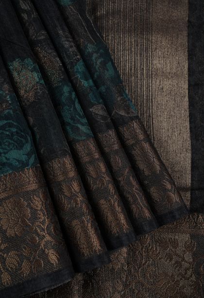 Asphalt Black Art Silk with Bronze Zari Floral Patterns