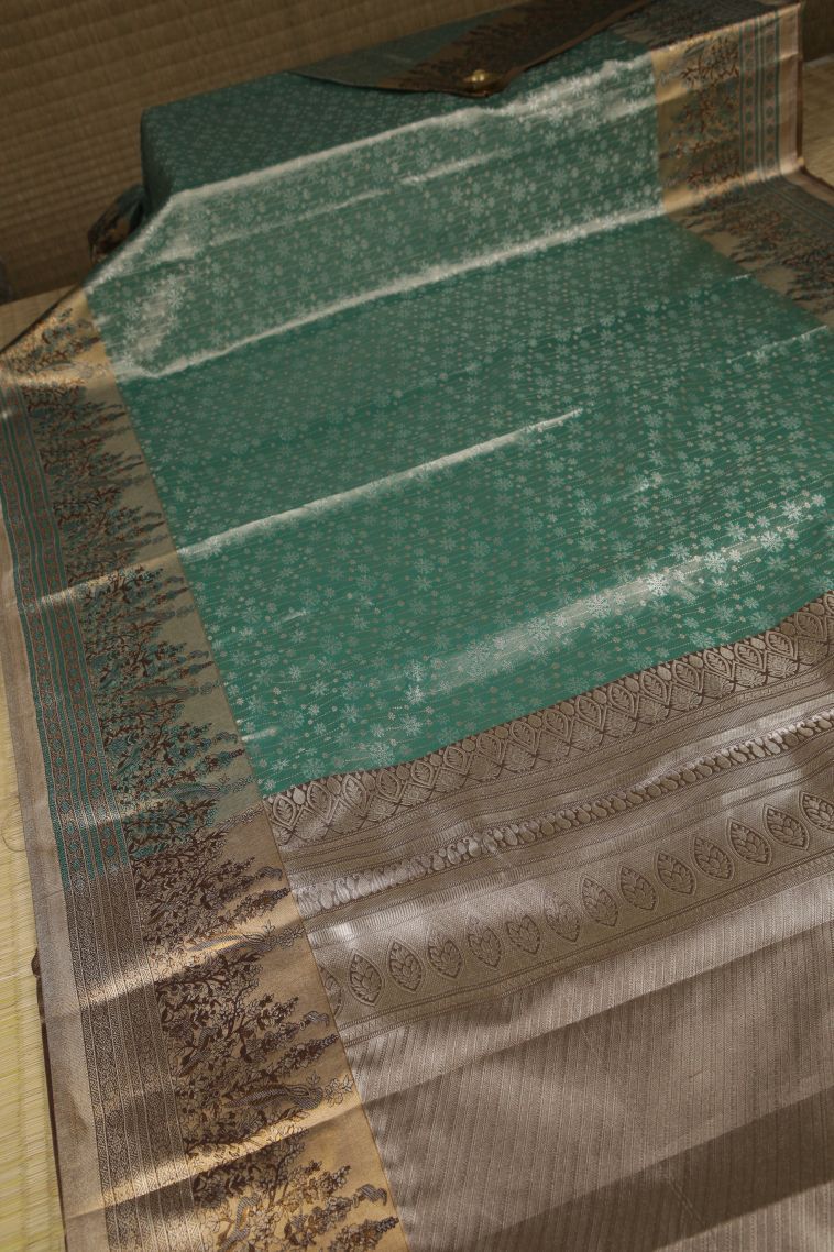 Ocean Blue Tissue Silk Sarees with Silver Zari Floral Patterns view 2