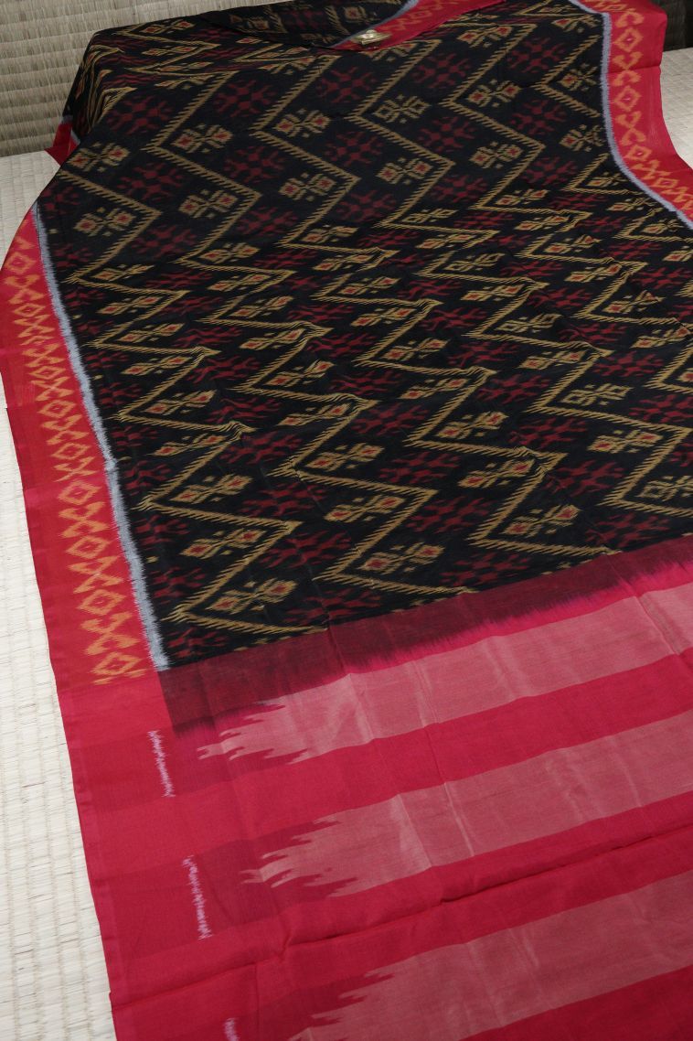 Asphalt Black Ikkat Cotton Sarees with Without Zari Zari Geometric Shapes view 2