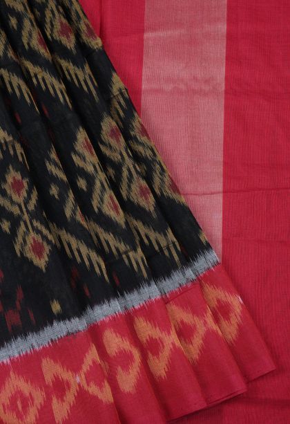 Asphalt Black Ikkat Cotton Sarees with Without Zari Zari Geometric Shapes