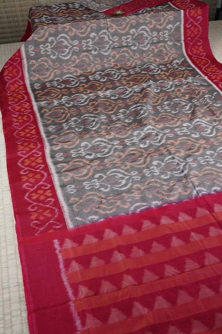 Gray Black Ikkat Cotton Sarees with Without Zari Zari Geometric Shapes view 2