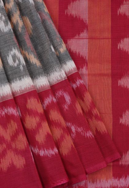 Gray Black Ikkat Cotton Sarees with Without Zari Zari Geometric Shapes