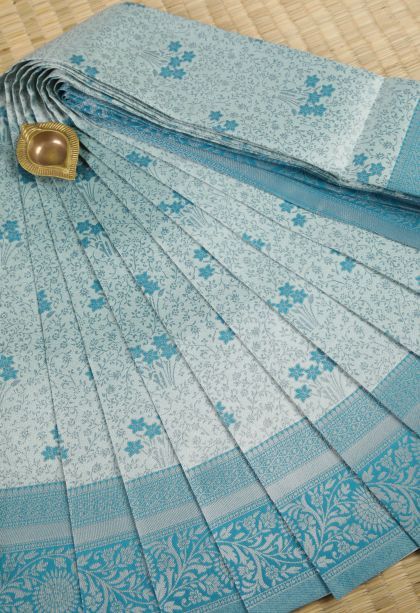 Sky Blue Visiri Madippu Silk Sarees with Silver Zari Floral Patterns