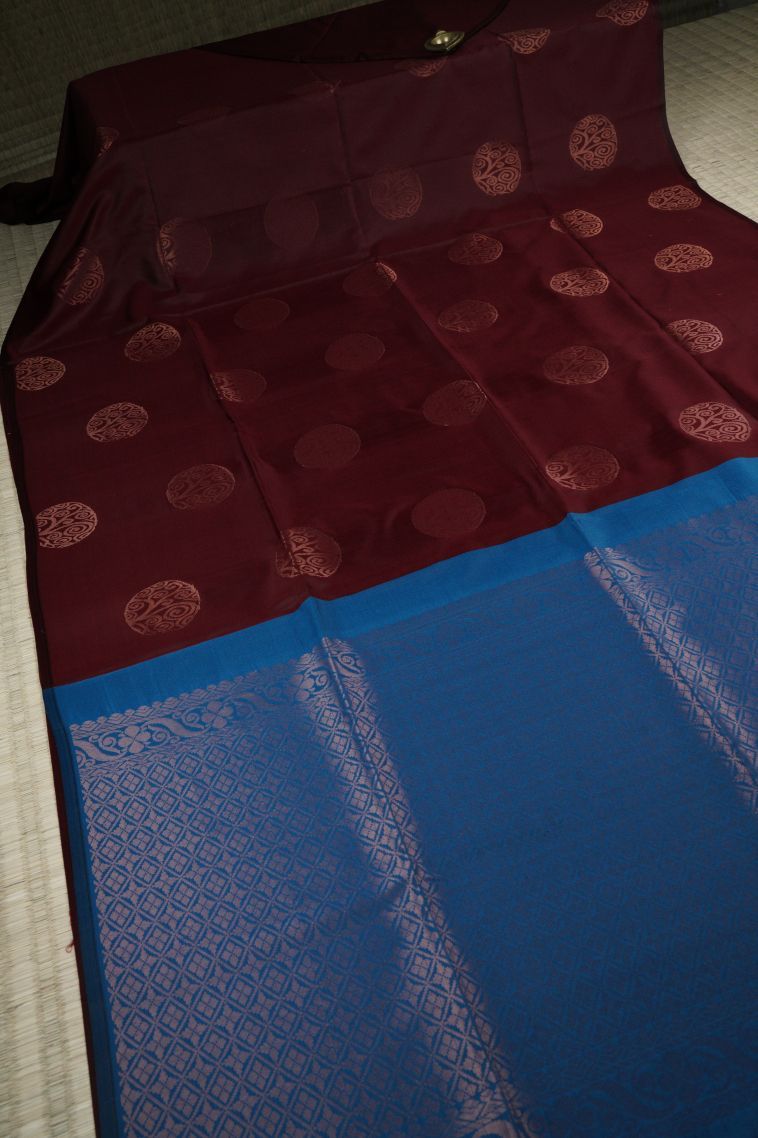 Sangria Red Soft Silk Saree with Copper Zari Buttis (small Dots Or Motifs) view 2