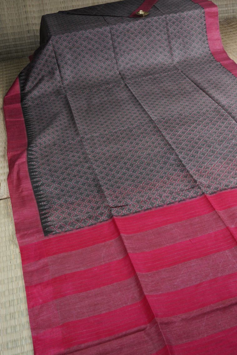Charcoal Black Chanderi Cotton Sarees with Without Zari Zari Floral Patterns view 2