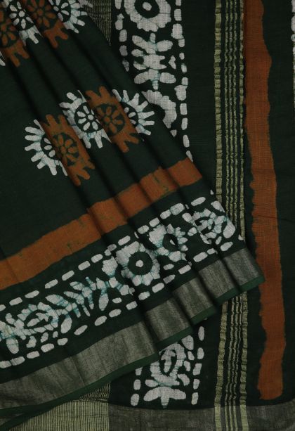 Bottle Green Cotton Sarees with Without Zari Zari Buttis (small Dots Or Motifs)