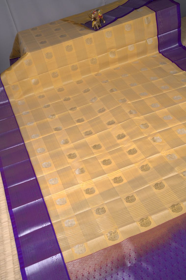 Shortbread Yellow Visiri Madippu Silk Sarees with Silver Zari Checks view 2