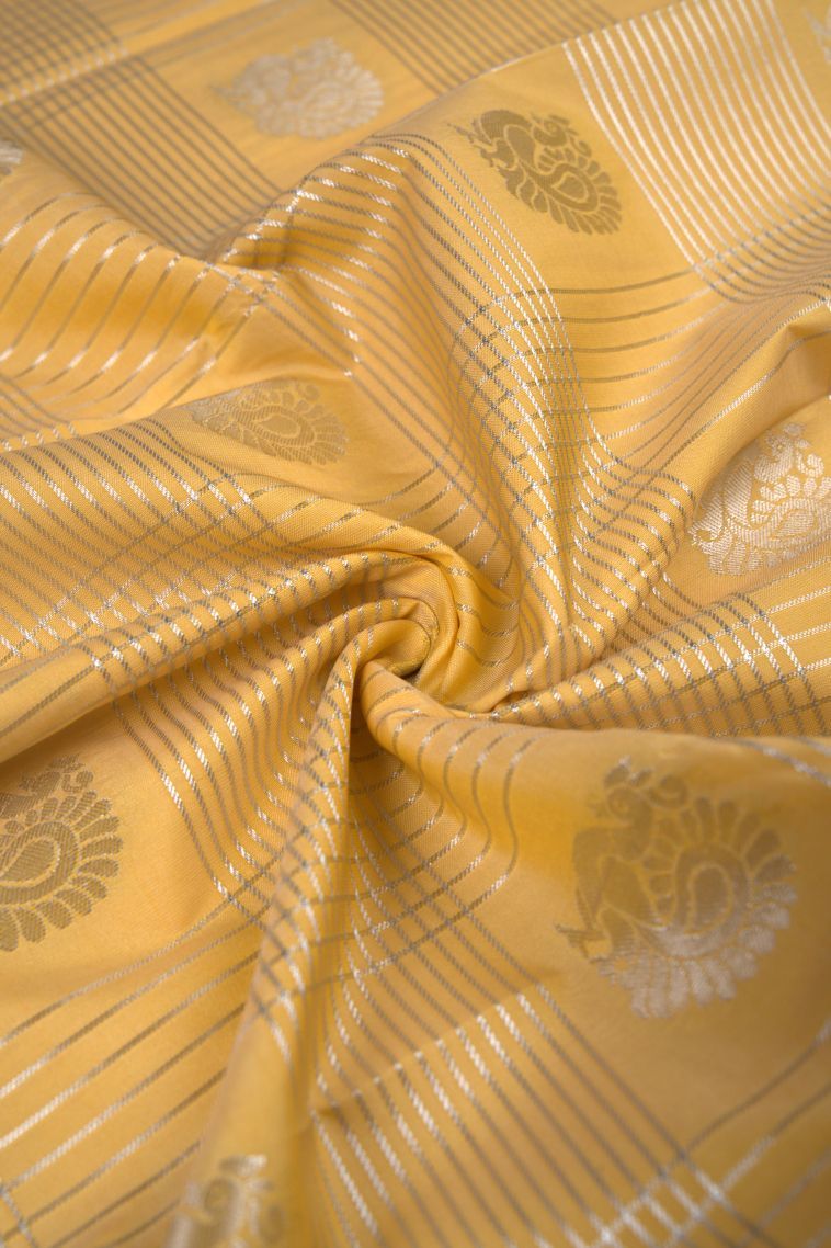 Shortbread Yellow Visiri Madippu Silk Sarees with Silver Zari Checks view 4