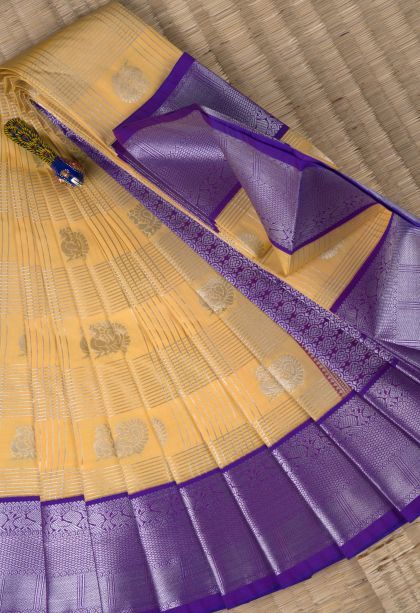 Shortbread Yellow Visiri Madippu Silk Sarees with Silver Zari Checks