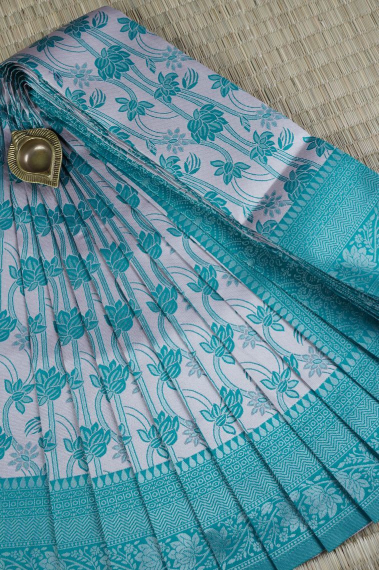 Blush Pink Visiri Madippu Silk Sarees with Silver Zari Floral Patterns view 1